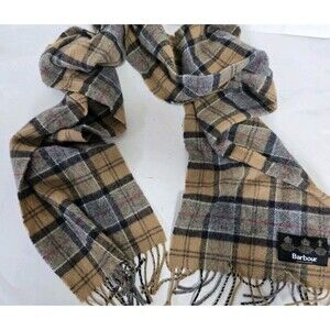 Barbour Scarf Classic Beige Nova Check Wool Lambswool Fringe
